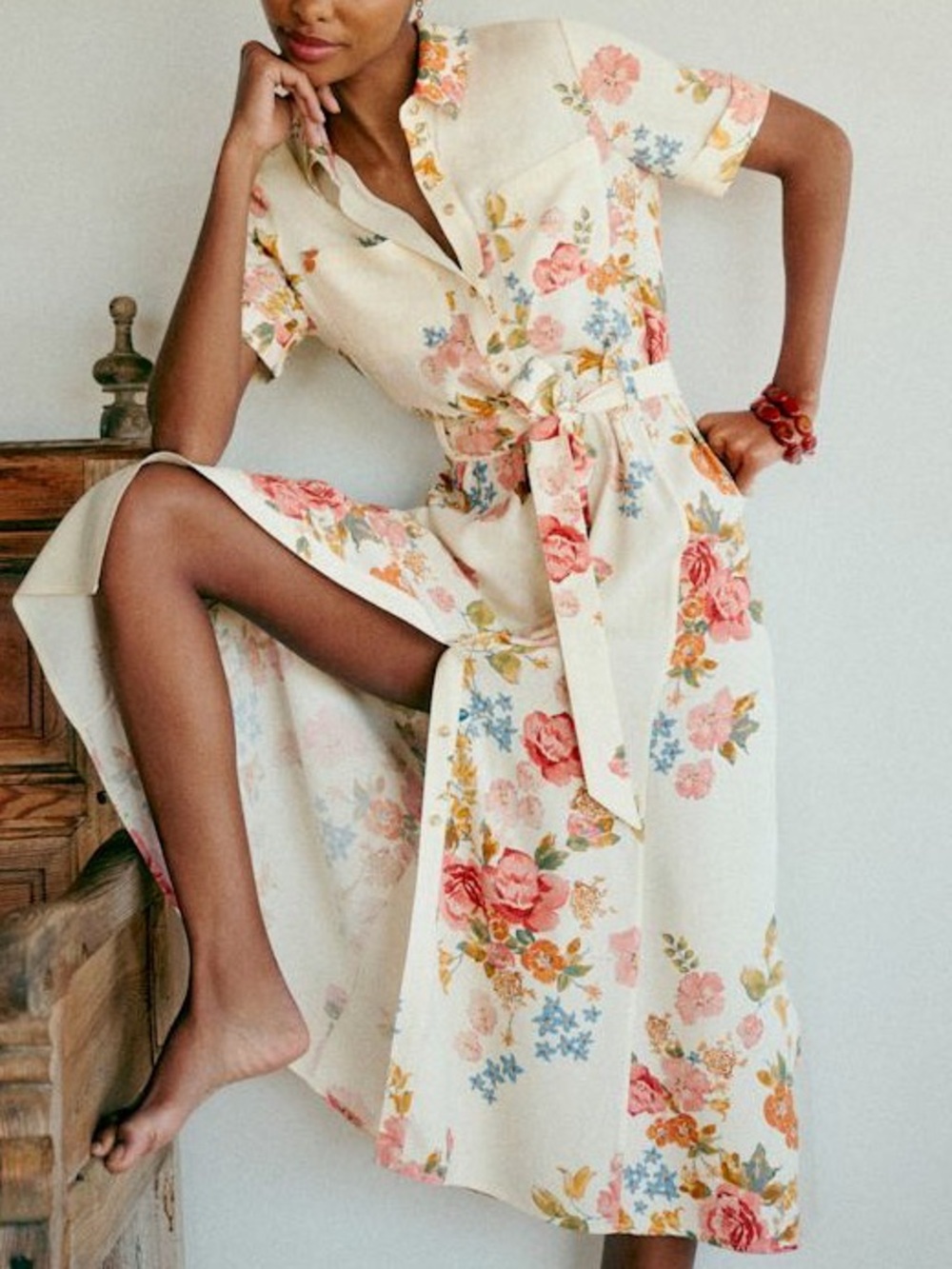 Sezane Adele Dress Calvi Print White Pink Floral Button Front Belted Midi US 8